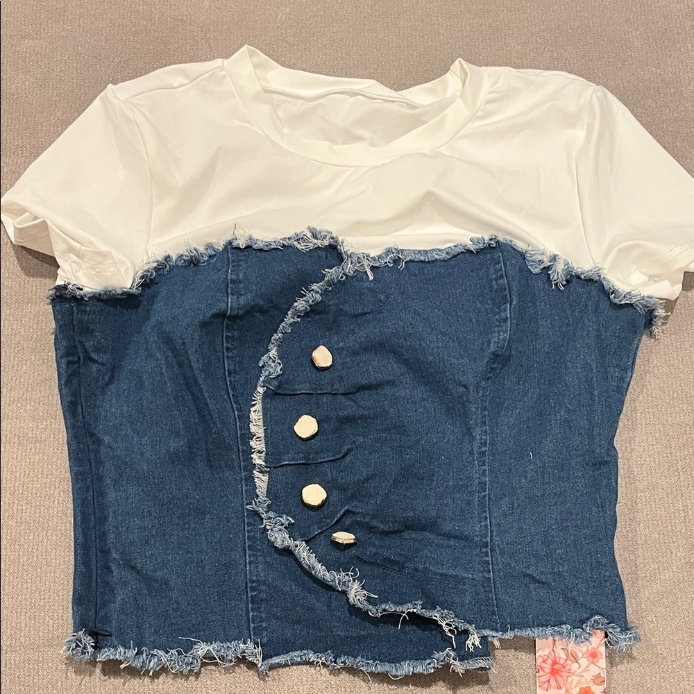 NWT SHEIN Denim and White Frayed Crop Top